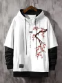 ChArmkpR Mens Hooded Japanese Cherry Blossoms Print Contrast Patchwork Drawstring Hoodies