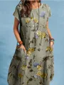 Plant Print Pocket Short Sleeve Casual Midi Dress