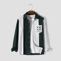 ChArmkpR Mens Smile Embroidered Patchwork Corduroy Long Sleeve Shirts