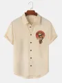 Mens Japanese Warrior Cat Graphic Lapel Short Sleeve Shirts