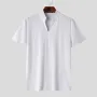 INCERUN Mens T Shirt Solid Color Stand Collar T-shirt Summer Comfy Cool V Neck Short Sleeve Tshirts Top Male Clothing