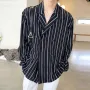 Mens Striped Lapel Double Breasted Casual Shirt Comfortable Casual Long Sleeve Shirts Lapel Top for Big Men Large Size S-5XL