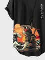 ChArmkpR Mens Japanese Cat Print Curved Hem Short Sleeve T-Shirts