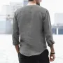 Mens Linen Chest Pocket Causal Loose Long Sleeve Henley Shirt