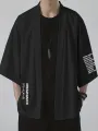 Mens Japanese Letter Print Open Front Loose 3/4 Sleeve Kimono