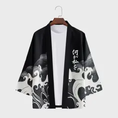 ChArmkpR Mens Japanese Wave Print Open Front Loose 3/4 Sleeve Kimono