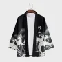 ChArmkpR Mens Japanese Wave Print Open Front Loose 3/4 Sleeve Kimono