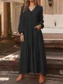 ZANZEA Plus Size Women Long Dress Solid Color V-neck Long Sleeve Causal Maxi Dress