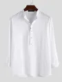 INCERUN Mens Solid Stand Collar Cotton Long Sleeve Henley Shirt