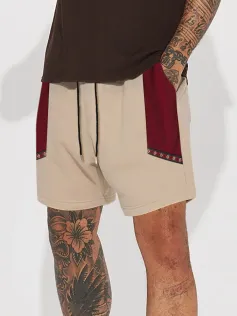 Mens Ethnic Ribbon Color Block Stitching Loose Drawstring Shorts