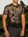 INCERUN Men T-shirts Fashion See-through Embroidered Flowers Mesh T-shirt Summer Mens Top Short Sleeve Streetwear Men Clothing