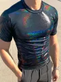 Men Shiny Coating Short Sleeve Crew Neck Skinny T-Shirt