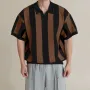 INCERUN Mens Striped Patchwork Baju Lengan Pendek Kasual Lapel Top untuk Lelaki