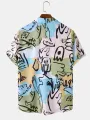 Mens Allover Graffiti Color Block Print Pocket Short Sleeve Shirts