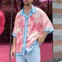 INCERUN Erkek Gömlek Moda Pembe Çiçekli Mavi Çizgi Patchwork Tasarım Yarım Kollu Gömlek Yaz Plaj Gömlekleri Üst