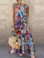 ZANZEA Plus Size Women Long Dress Retro O-neck Abstracted Print Sleeveless Beach Maxi Dress with Pockets