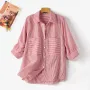 ZANZEA Women's Striped Shirt Summer 3/4 Sleeve Lantern Sleeve Front Pockets Casual Blouse Top