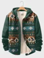 Mens Ethnic Geometric Print Patchwork Button Front Hooded Jacket