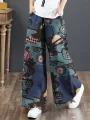 ZANZEA Women Plus Size Flared Wide-Leg Floral Printed Retro Side Pockets Pants