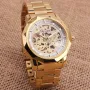 Fashion Fully Auto Mechanical Skeleton Men Watch Retro Exquisite Dial Gold Steel Band Wristwatch
