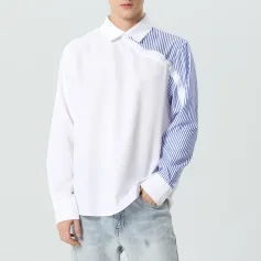 INCERUN Mens Shirts Striped Splicing Long Sleeve Shirt Casual Daily Top Shirt Fashion Side Button Design Male Clothing