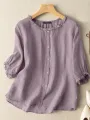 ZANZEA Lettuce Edge Crew Neck Solid Button 3/4 Sleeve Blouse