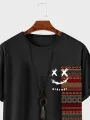ChArmkpR Herrar Smile Ethnic Geometric Prenta Bútasaumur Boginn Hem Stutt erma Stuttermabolir