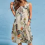 ZANZEA Plus Size Women Plant Print Dress Button Pocket Sleeveless Cotton Linen Casual Holiday Midi Dresses S-5XL