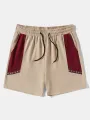 Mens Ethnic Ribbon Color Block Stitching Loose Drawstring Shorts