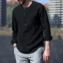 Mens Linen Chest Pocket Causal Loose Long Sleeve Henley Shirt