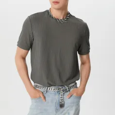 INCERUN Mens Solid Color Rib Knitted Crew Neck T-Shirt Comfortable Breathable Short Sleeve Tshirt for Summer