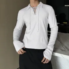 INCERUN Mens Lace-Up Cross V-Neck Long-Sleeve T-Shirt Comfortable Soft Fabric Solid Color Tshirt Top for Male