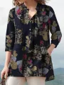 ZANZEA Women Plus Size Cotton Linen Blouses V-Neck Floral Top Vintage Button Cuffs Three Quarter Sleeve Shirt