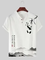 Mens Panda Bamboo Japanese Print Notched Neck Short Sleeve T-Shirts
