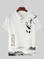 Mens Panda Bamboo Japanese Print Notched Neck Short Sleeve T-Shirts