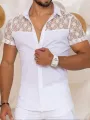 INCERUN Mens Shirt Patchwork Lace Short Sleeve White Shirt Summer Casual Daily Lapel Top Men Clothing