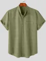 Mens Solid Stand Collar Chest Pocket Short Sleeve Shirt