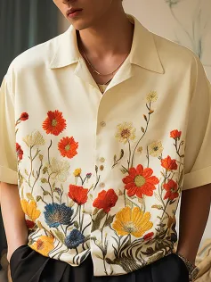 INCERUN Men Shirts Fashion Flower Print Shirt Mens Summer Streetwear Lapel Short Sleeve Top Daily Casual Shirts S-5XL