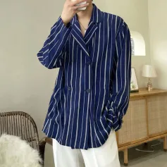 Mens Striped Lapel Double Breasted Casual Shirt Comfortable Casual Long Sleeve Shirts Lapel Top for Big Men Large Size S-5XL