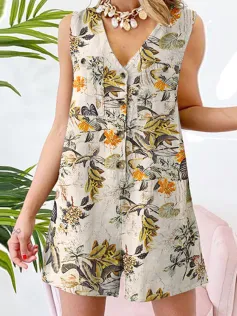 Sleeveless Button Print Flower Pocket Regular Fit Jumpsuit