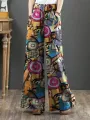 ZANZEA Women Plus Size Flared Wide-Leg Floral Printed Retro Side Pockets Pants