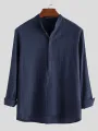 INCERUN Mens Solid Stand Collar Cotton Long Sleeve Henley Shirt