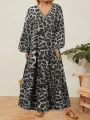 ZANZEA Women Plus Size Leopard Print Long Dress V-Neck Puff Sleeve Lace-Up Maxi Dress For Women