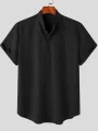 Mens Solid Stand Collar Chest Pocket Short Sleeve Shirt