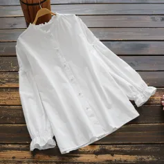 ZANZEA Women Long Sleeve Blouse Casual Solid Button Down Shirts Female Cotton Tops Chemise S-5XL, Spring Fall for Women Tops