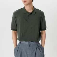 INCERUN Mens Solid Rib-Knit Short Sleeve Golf Shirt Comfy Fabric Lapel Top for Men