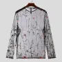 INCERUN Men T-shirts Fashion See-through Mesh Embroidered Flower Decor Long Sleeve Black Tshirts Summer Cool Party Male Tops