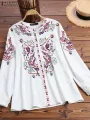 ZANZEA Plus Size Women Blouse Ethnic Style Print Round Neck Long Sleeve Bohemia Button Shirt For Women
