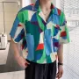 INCERUN Men Shirt Stylish Color Block Print Short Sleeve Shirt Summer Fashion Daily Cool Lapel Top Shirts Male Clothing