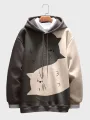 Mens Cartoon Cat Print Patchwork Loose Drawstring Hoodies